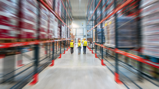People walking through a busy warehouse.